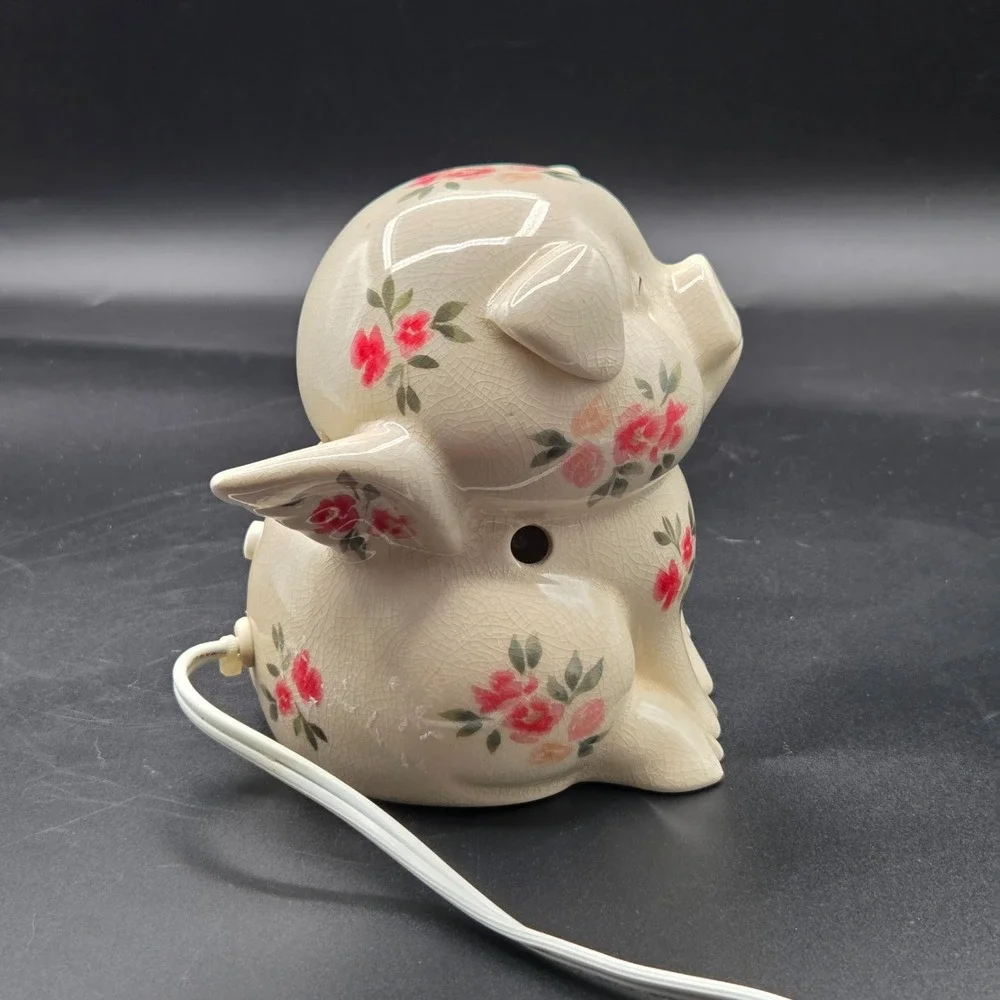 Shabby Chic Ceramic Flying Pig Night Light‎ With Roses and Wings VINTAGE